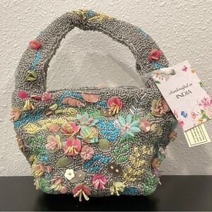 Handcrafted Beaded Floral Bag - Gray Multicolor